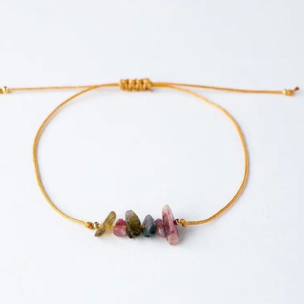 Natural Raw Tourmaline Chip Bracelet - Boho Gold Silk Cord